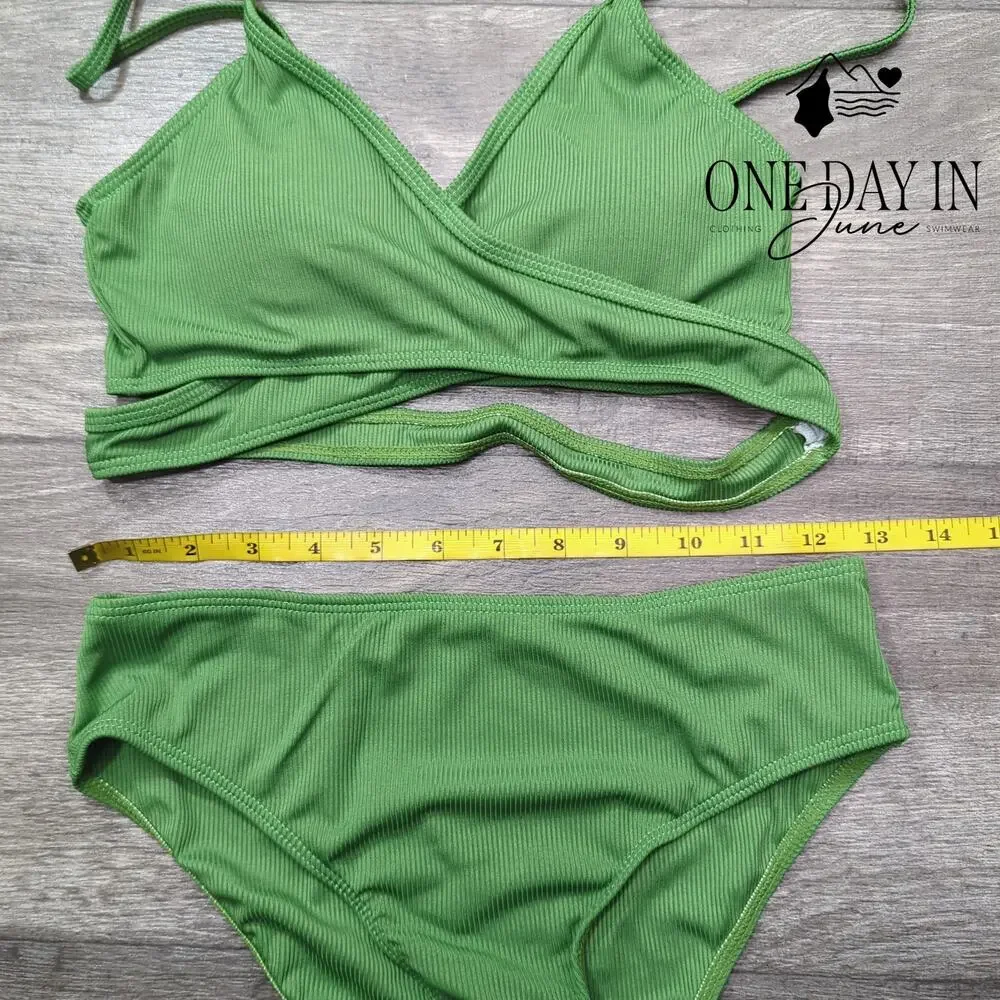 CharmLeaks Girls Cross Front Ribbed Bikini Swimsuit Green Size 15-16